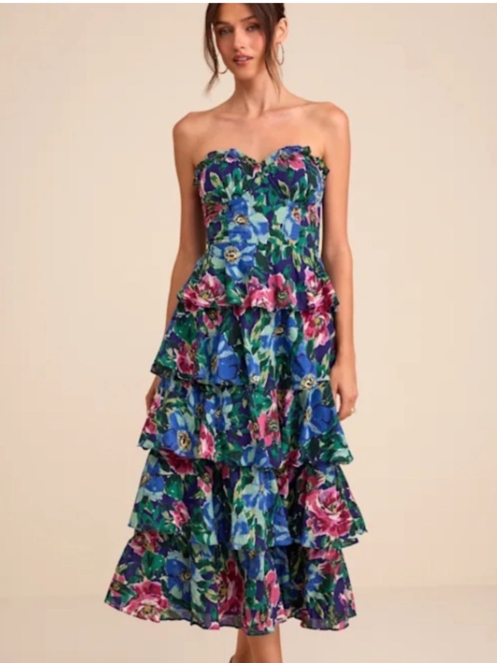 New Lulu's Nayha Strapless Floral Tiered Midi Dress in Blue & Green Sz Small